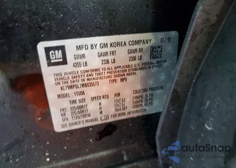 2021 Chevrolet Trailblazer Lt z USA, uszkodzony, nr VIN KL79MPSL7MB035573